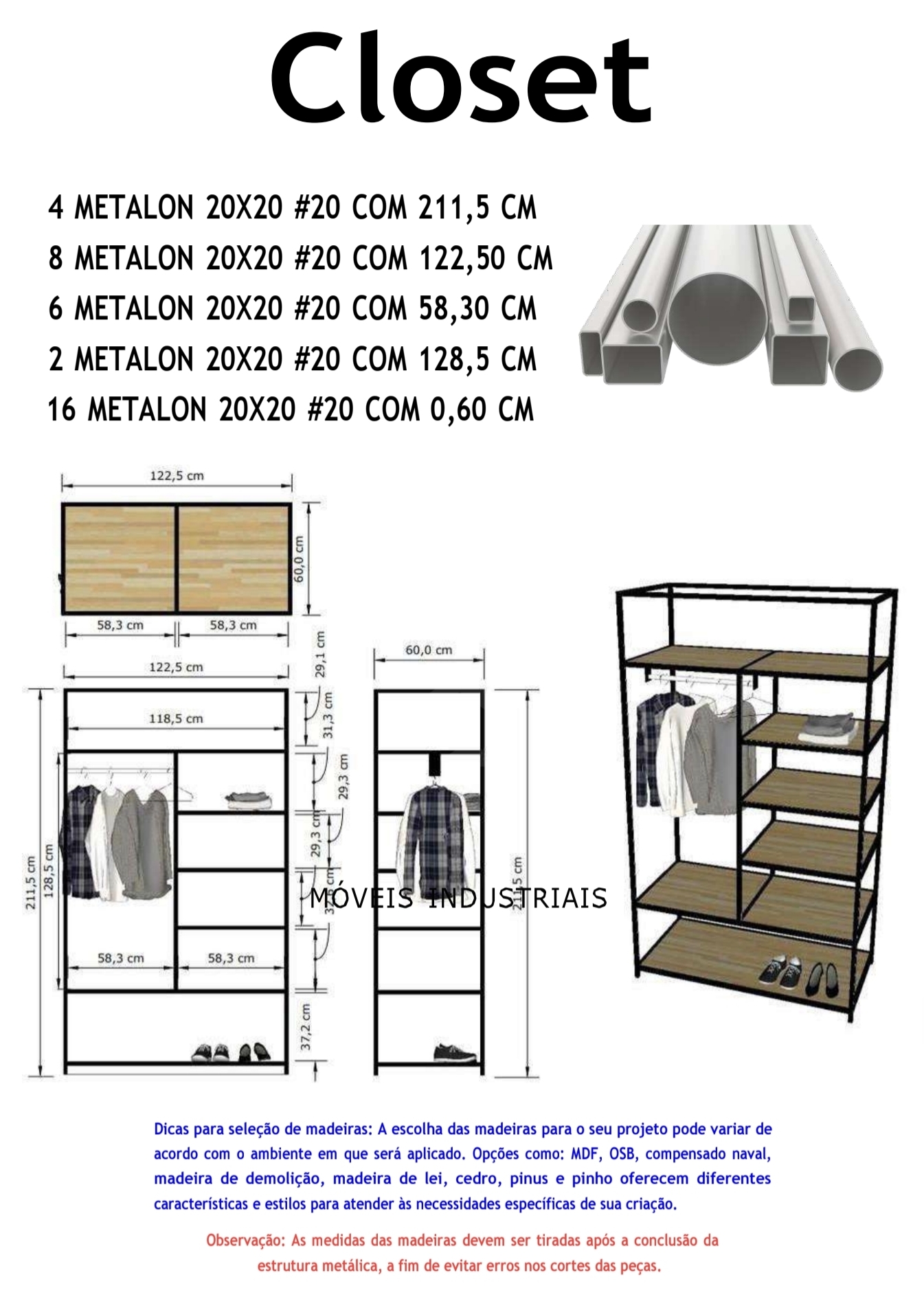 Projeto técnico: Closet Industrial com medidas e lista de materiais