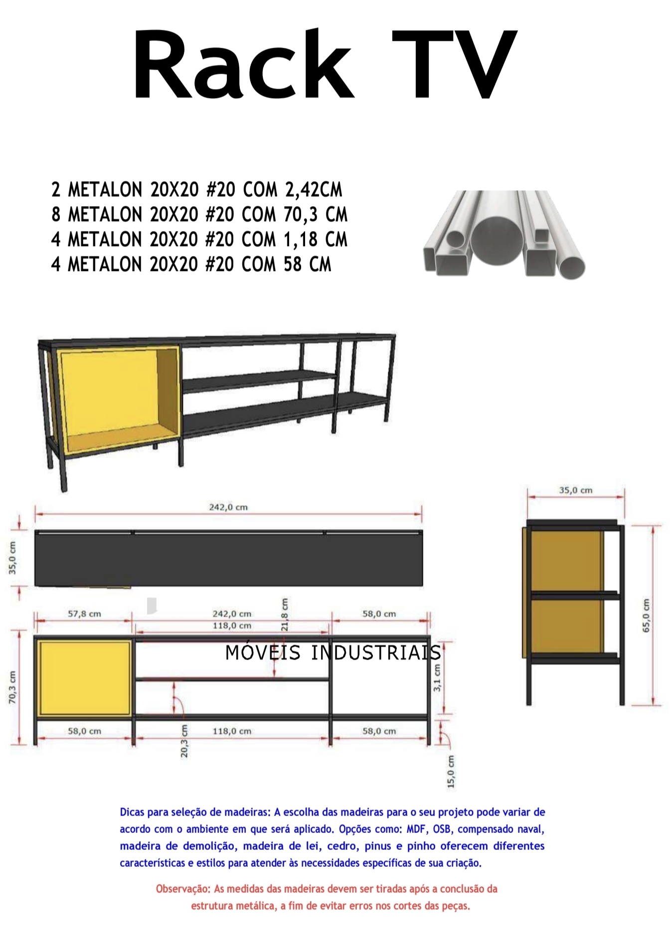 Projeto técnico: Rack TV 2,42 m com medidas e lista de materiais